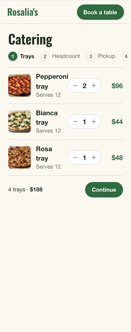 Rosalia's catering order form on its first step, the trays: pepperoni, bianca and rosa, 4 trays for $188.