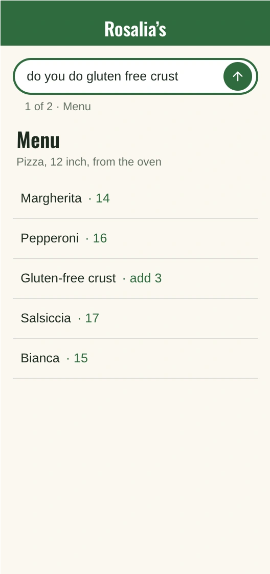 Rosalia's menu on a phone with the question do you do gluten free crust kept on top.