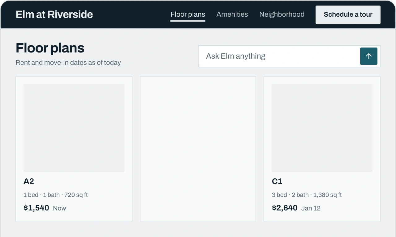 Elm at Riverside's Floor plans page: B1, two bedrooms at $1,985 from Dec 5, lit with Schedule a tour while A2 and C1 step back.