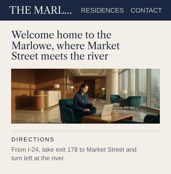 The Marlowe's contact page with three pins: on the welcome line, the office photo and the directions.