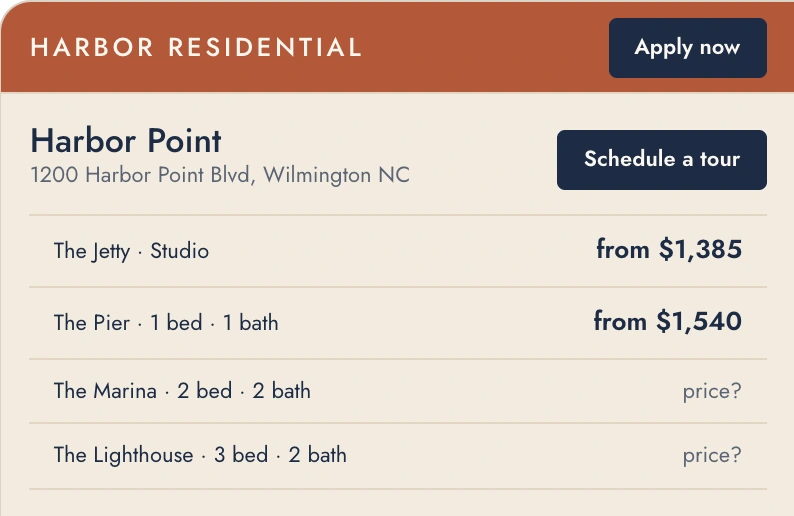 Harbor Residential's draft page for Harbor Point, with its address, a Schedule a tour button and its floor plans.