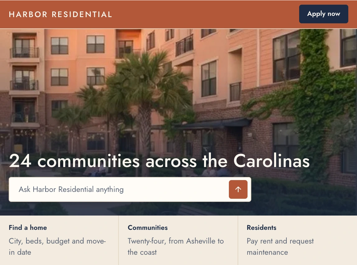 Harbor Residential's home page, with the headline 24 communities across the Carolinas over a courtyard photo and an ask bar.