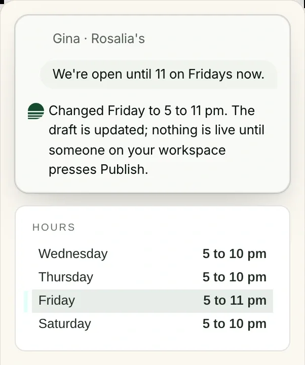 Rosalia's site with Gina's pin on Friday's hours, Clutch's reply that the draft now reads 5 to 11 pm, and the Hours card.
