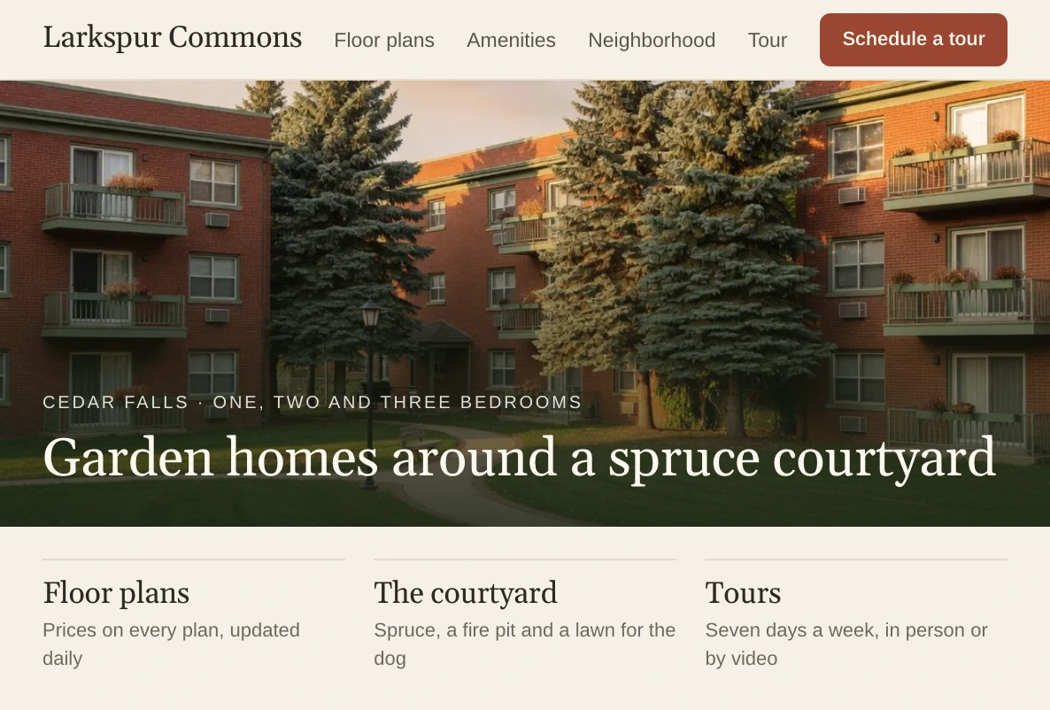 Larkspur Commons's home page, with the headline Garden homes around a spruce courtyard over a courtyard photo.