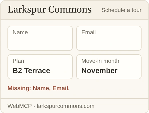 Larkspur Commons's Schedule a tour form with Plan B2 Terrace and Move-in month November filled in, and Missing: Name, Email.