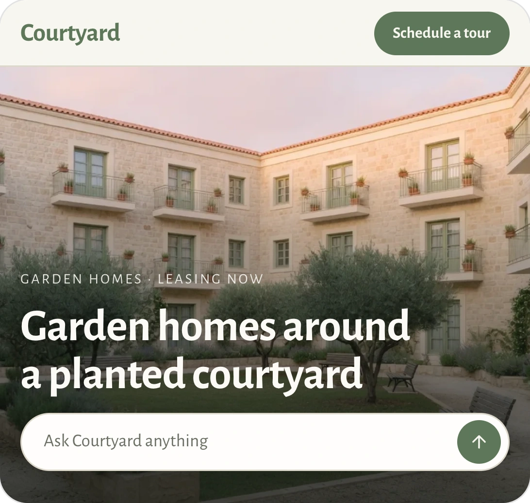 Courtyard's home page: garden homes around a planted courtyard with an olive tree, the headline Garden homes around a planted courtyard, and an ask bar.