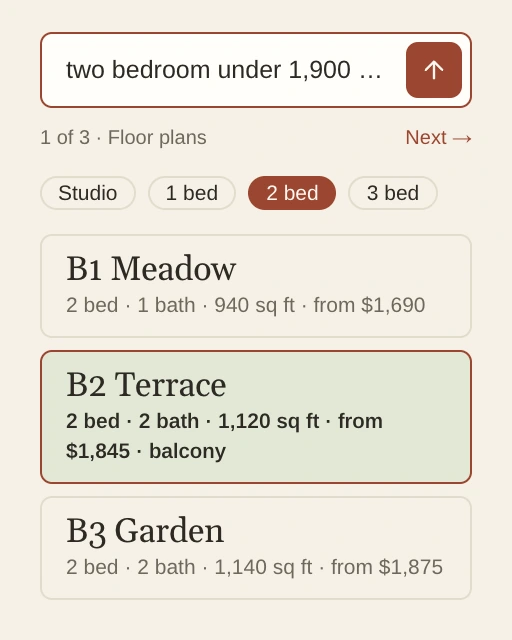 Larkspur Commons's Floor plans filtered to two bedrooms with B2 Terrace, from $1,845 with a balcony, highlighted under the question.