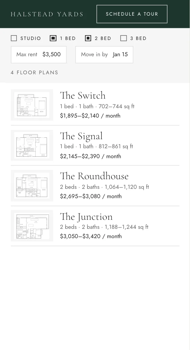 Halstead Yards' Floorplans with an apartment search: 1 and 2 bed picked, max rent $3,500, move in by Jan 15, and the floor plans that match.