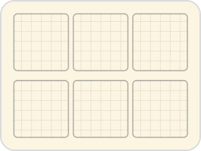 A floor plan drawing of six gridded rooms on cream.