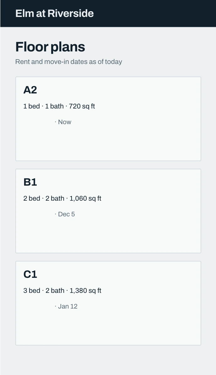 Elm at Riverside's Floor plans page, whose prices and Tour buttons cut from teal to a deeper teal.