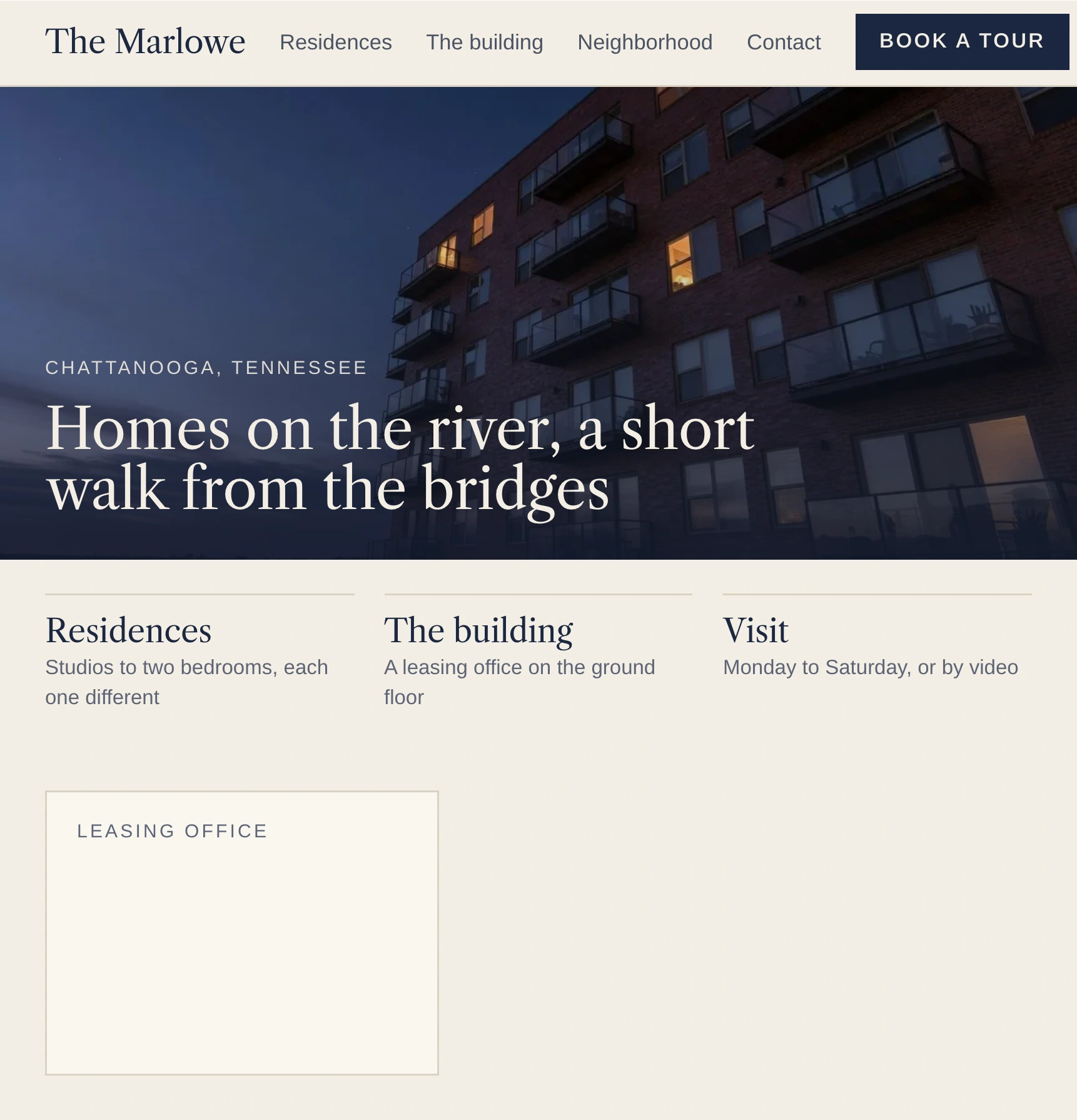The Marlowe's home page, where the leasing office hours change to stay open until 7 on Thursdays.