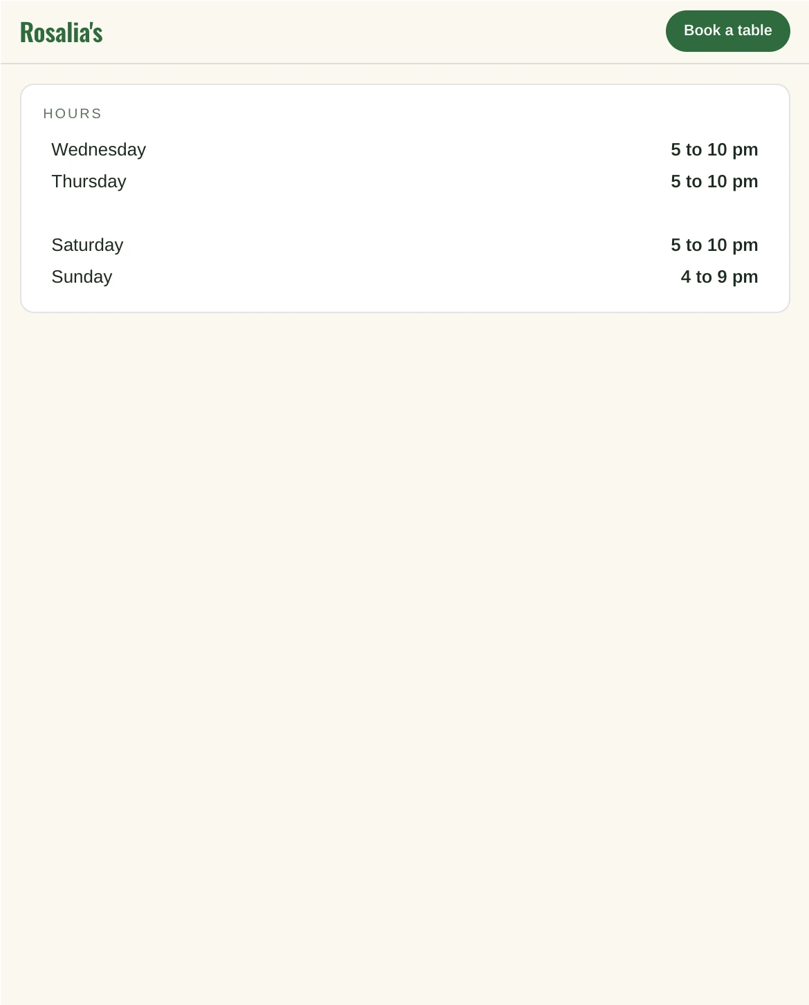Rosalia's site in the workspace, its Hours card with Friday changed to 5 to 11 pm under a pin, and the publish card for Rosalia's and the Harbor Residential sites.