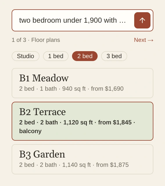 Larkspur Commons's Floor plans filtered to two bedrooms with B2 Terrace, from $1,845 with a balcony, highlighted under the question.