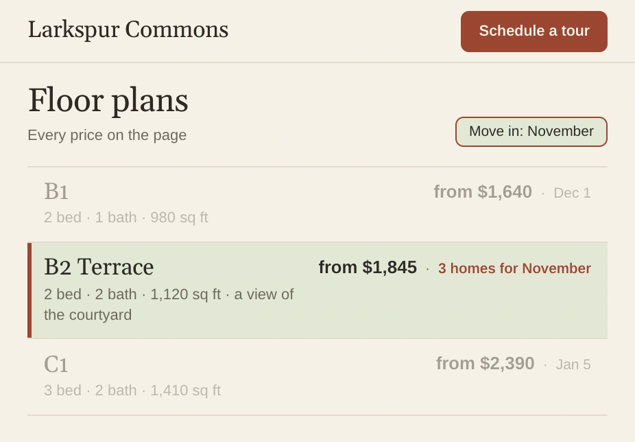 Larkspur Commons's Floor plans page with B2 Terrace lit.