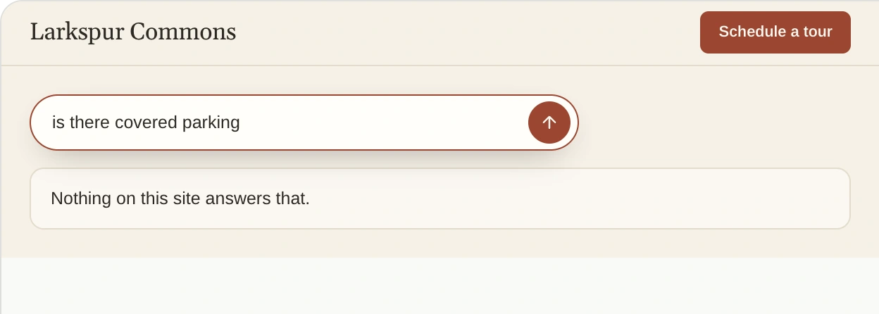 Larkspur Commons's page, asked if there is covered parking, answering that nothing on the site answers that.