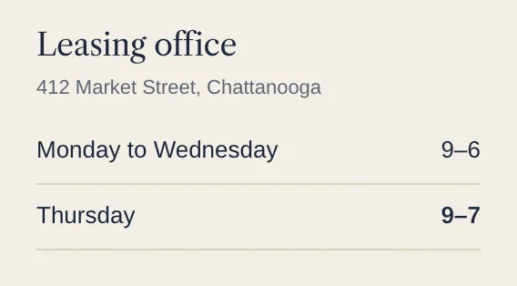 The Marlowe's leasing office hours with Thursday at 9–7 and the done pin on it.