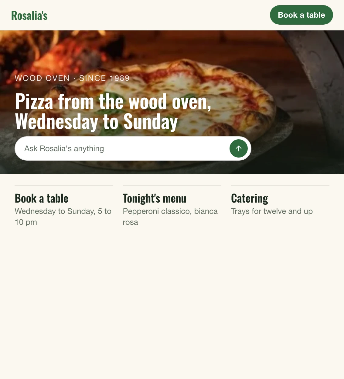 Rosalia's home page: pizza from the wood oven, Wednesday to Sunday