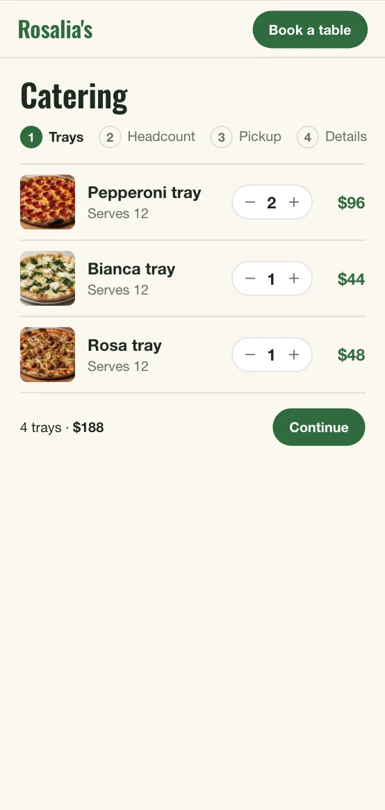 Rosalia's catering order form on its first step, the trays: pepperoni, bianca and rosa, 4 trays for $188.