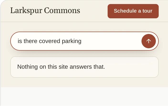 Larkspur Commons's page, asked if there is covered parking, answering that nothing on the site answers that.