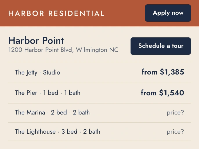 Harbor Residential's draft page for Harbor Point, with its address, a Schedule a tour button and four floor plans, two of them priced.