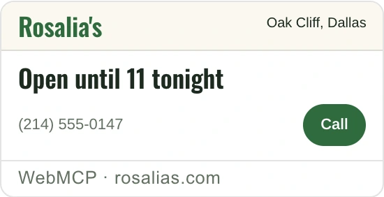 Rosalia's card in the assistant's answer: open until 11 tonight, (214) 555-0147, with a Call button.