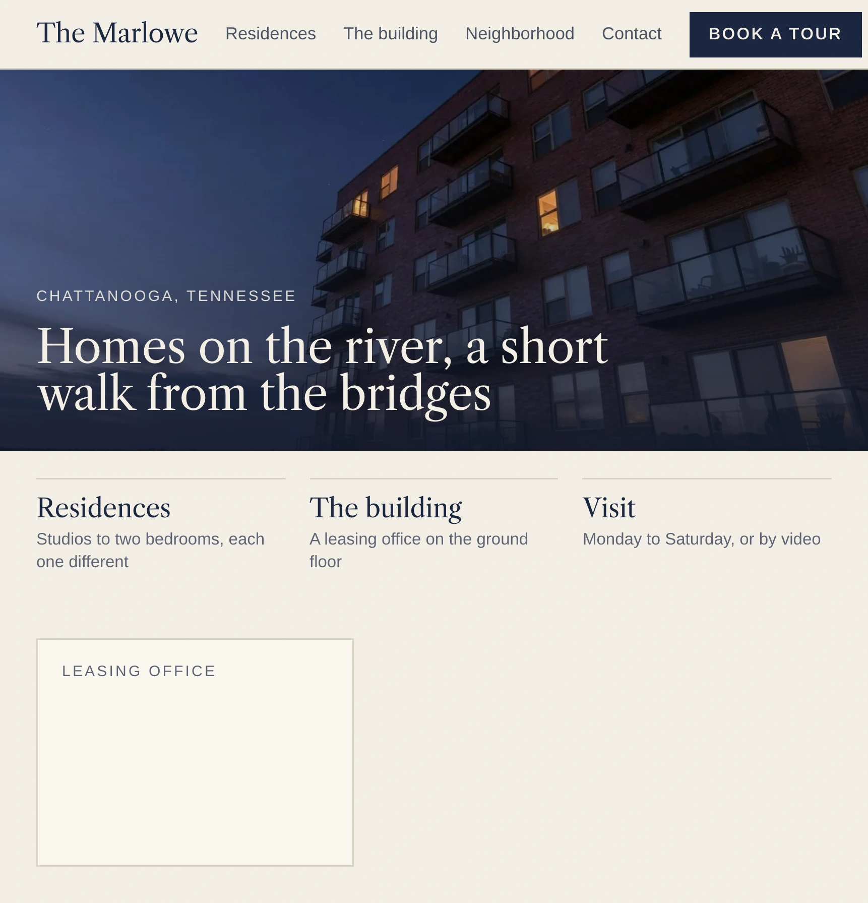 The Marlowe's home page, where the leasing office hours change to stay open until 7 on Thursdays.