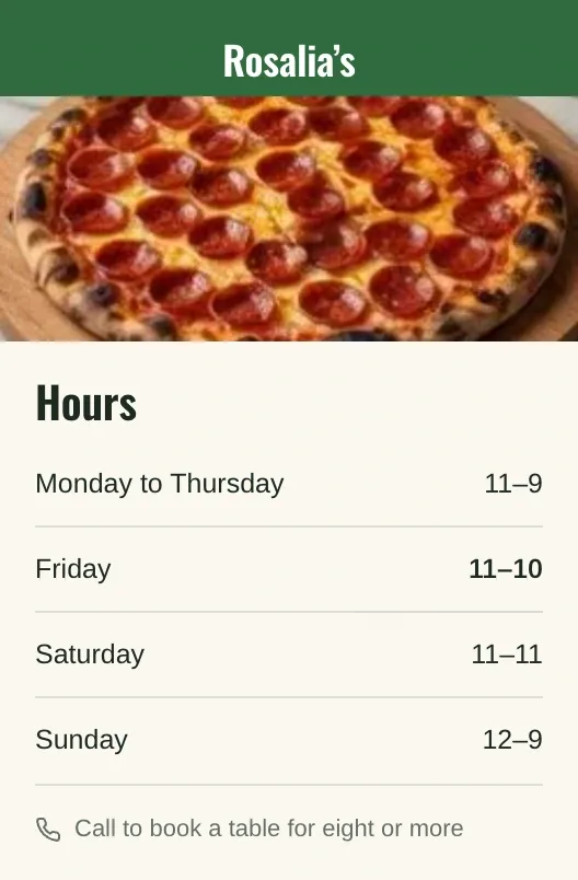 Rosalia's hours on a phone with a waiting pin on Friday, 11–10.