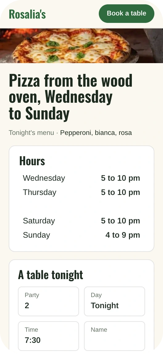 Rosalia's site on the owner's phone, its hours card listing Friday from 5 to 11 pm, with her pinned ask and the reply that the change is live.