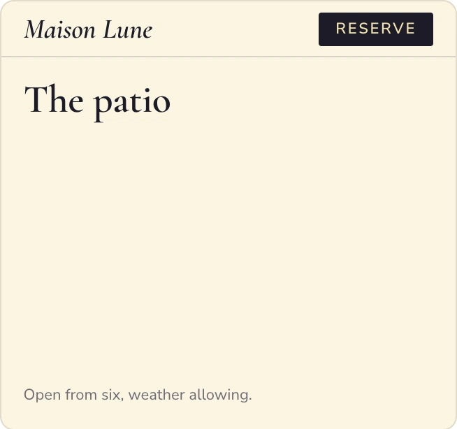 Maison Lune's Patio page, where the empty photo slot fills with a candlelit terrace photo.