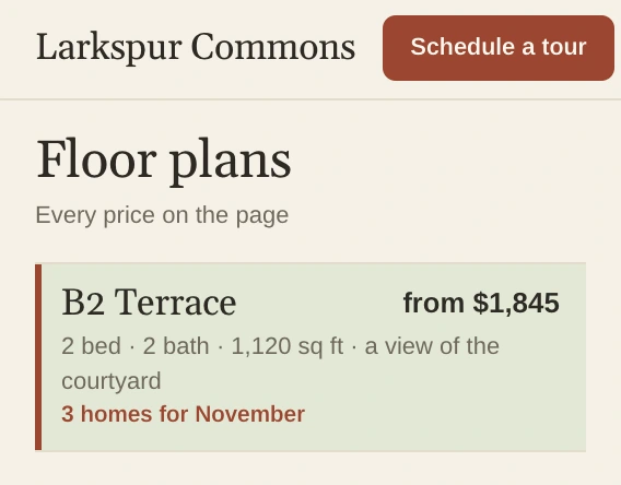 Larkspur Commons's Floor plans page, with B2 Terrace from $1,845 highlighted and 3 homes for November.
