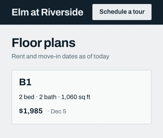 Elm at Riverside's Floor plans page in ink and pale grey with square cards: B1 at $1,985 and C1 at $2,640.