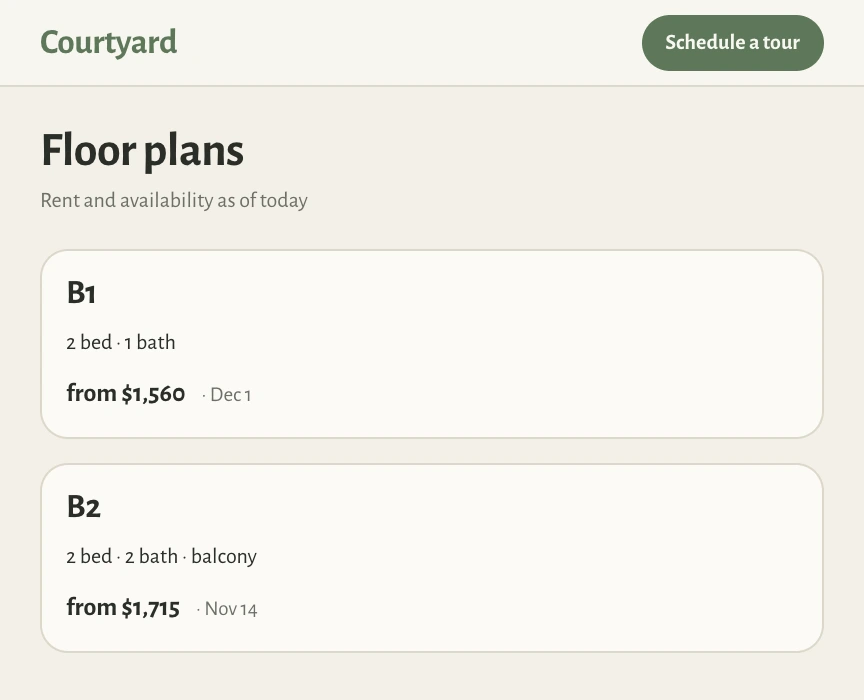 Courtyard's Floor plans page in sage and cream with rounded cards: B1 from $1,560 and B2 from $1,715.