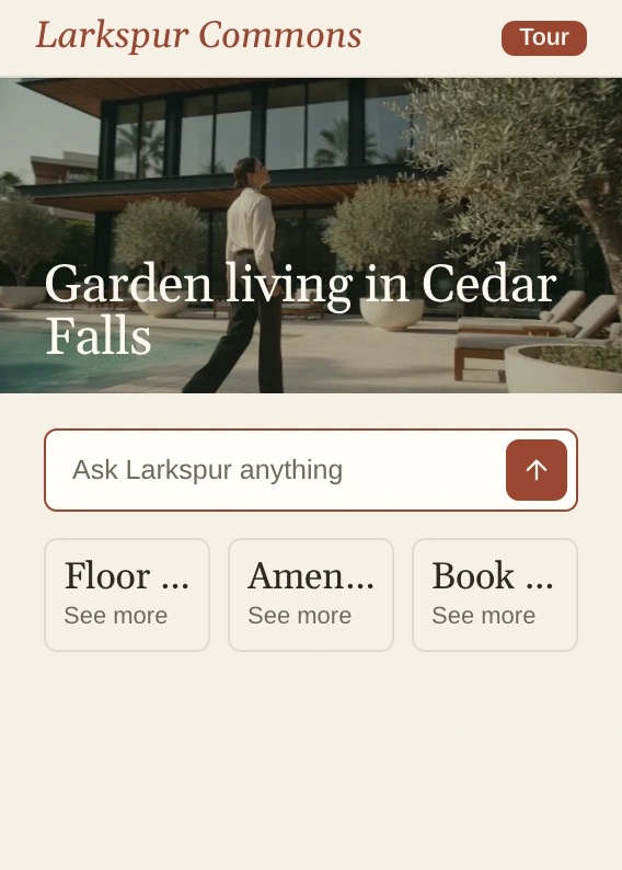 Larkspur Commons's home page: the courtyard under Garden living in Cedar Falls, the Find reading Ask Larkspur anything, and cards for Floor plans, Amenities and Book a tour.