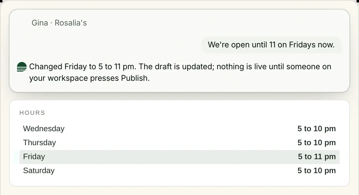 Rosalia's site with Gina's pin on Friday's hours, Clutch's reply that the draft now reads 5 to 11 pm, and the Hours card.