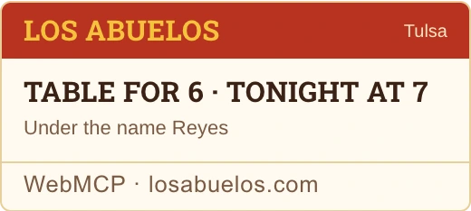 Los Abuelos confirmation card: table for 6 tonight at 7, under the name Reyes.