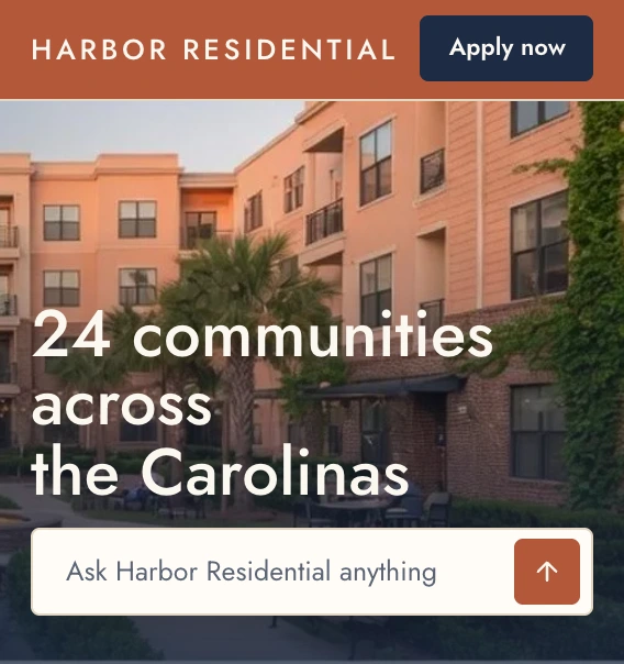 Harbor Residential's home page, with the headline 24 communities across the Carolinas over a courtyard photo and an ask bar.