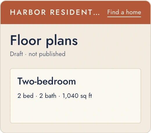 Harbor Residential's Floor plans draft, where the Two-bedroom's Call for pricing turns into From $1,850 a month.