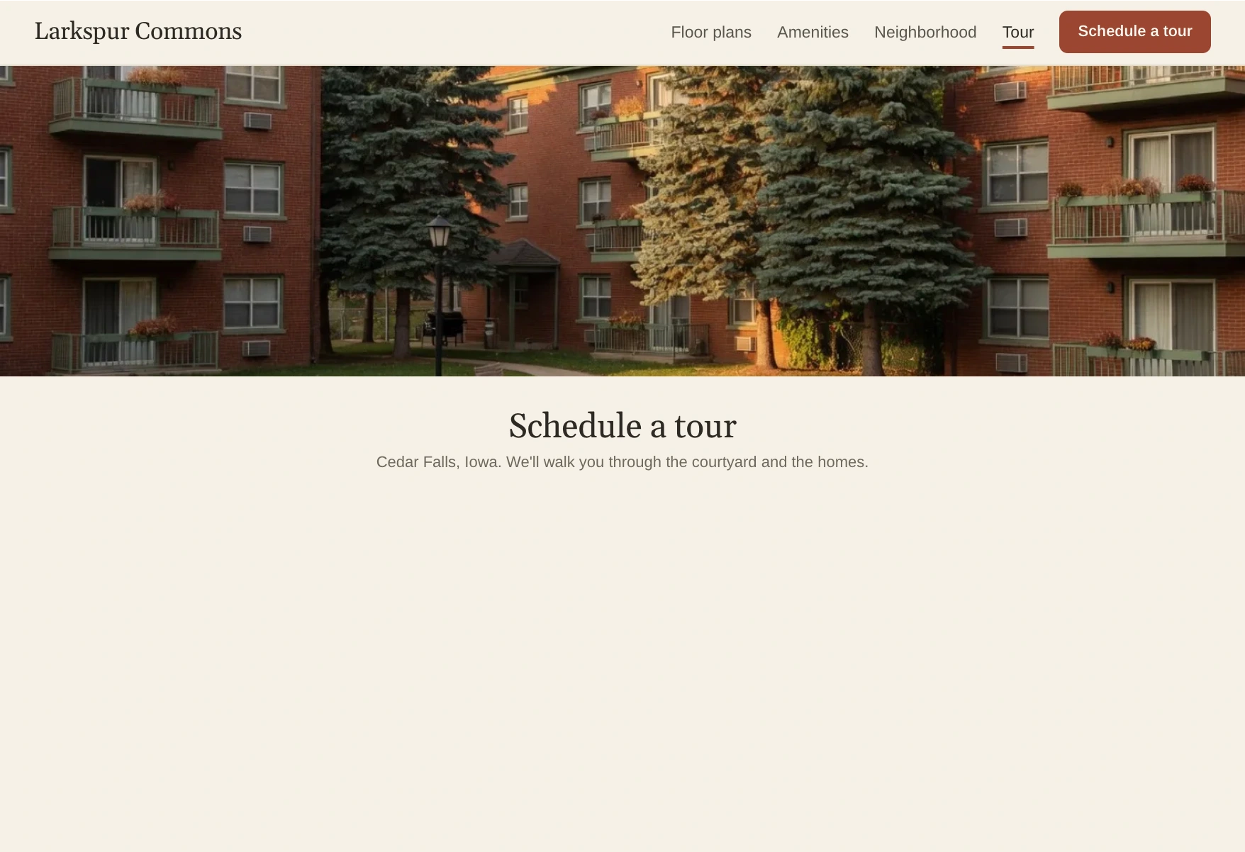 Larkspur Commons's tour page, where a keyboard user tabs through the Schedule a tour form and books a tour.