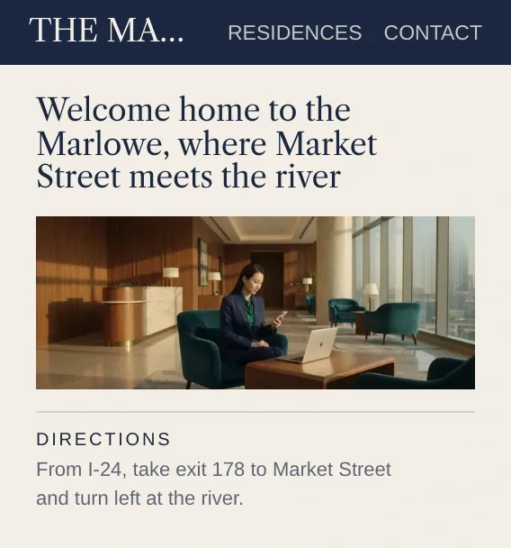 The Marlowe's contact page with three pins: on the welcome line, the office photo and the directions.
