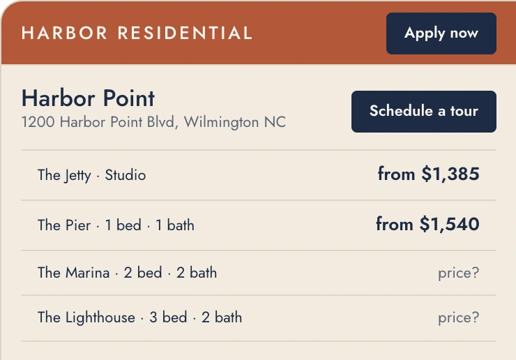 Harbor Residential's draft page for Harbor Point, with its address, a Schedule a tour button and its floor plans.