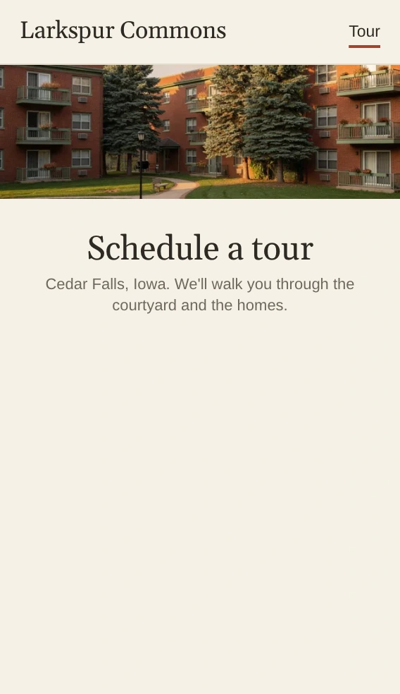 Larkspur Commons's tour page, where a keyboard user tabs through the Schedule a tour form and books a tour.