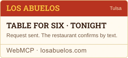 Los Abuelos confirmation card: table for six tonight, request sent, the restaurant confirms by text.