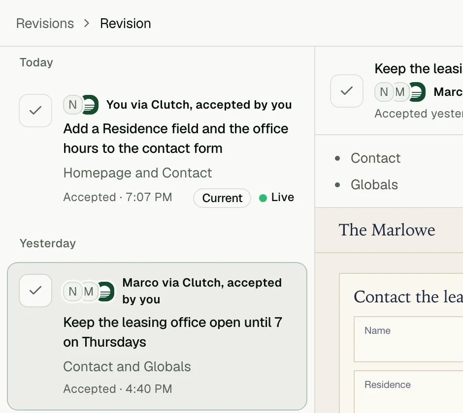 Revisions in Clutch: every accepted change saved, the live one marked, with Undo and Restore